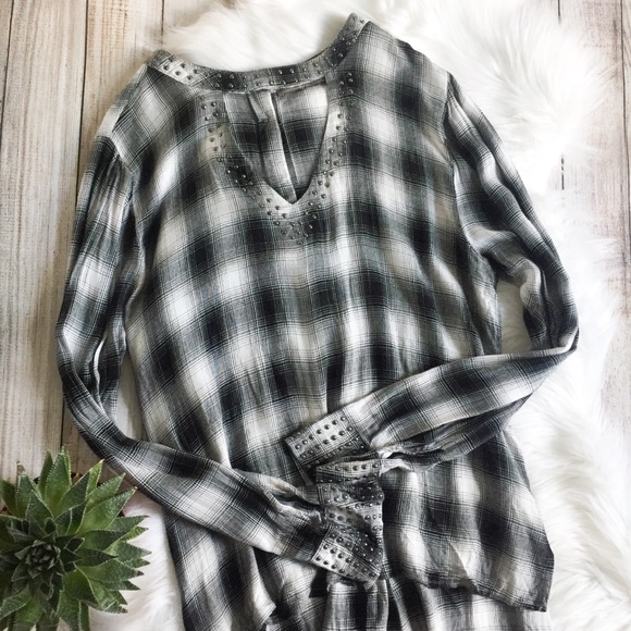 Miss Me Tops - Miss Me Plaid Studded Hi-Low Blouse